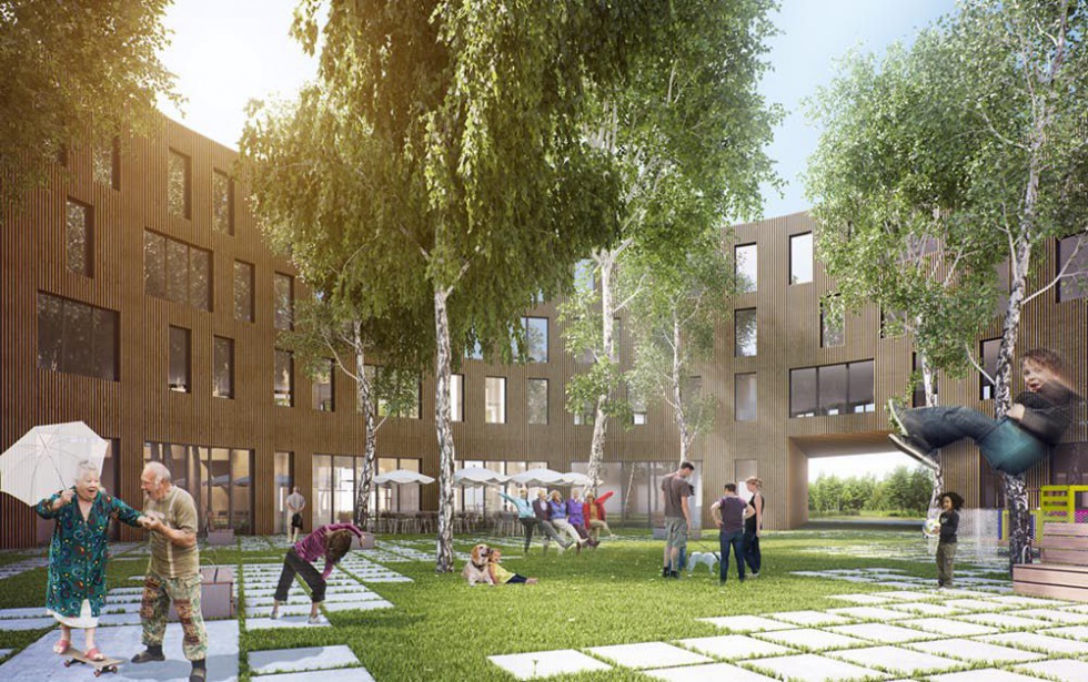 Poglądowa wizualizacja architektury osiedla Nowe Żerniki. Wiz. Major Architekci Osiedle łączące pokolenia z główną nagrodą w międzynarodowym konkursie