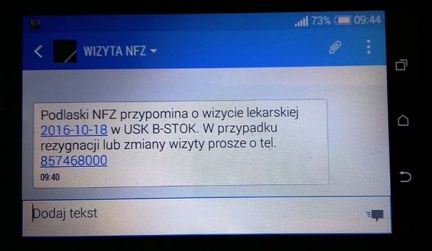 Na zdj. przypomnienie o wizycie lekarskiej od Podlaskiego OW NFZ. Fot. www.nfz-białystok.pl Łódzkie również wprowadza system antykolejkowy. NFZ przypomni sms-em o wizycie